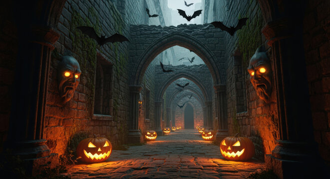 Enthralling Halloween Ambiance A Stone Corridor Illuminated by Jack O'Lanterns and Menacing Gargoyles Under a Swarm of Bats in a Gothic Setting with an Eerie Glow