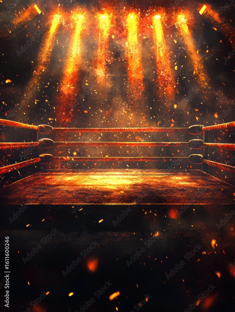 Poster empty boxing ring is highlighted warm streetlight glow in low key setting inviting atmosphere is enh