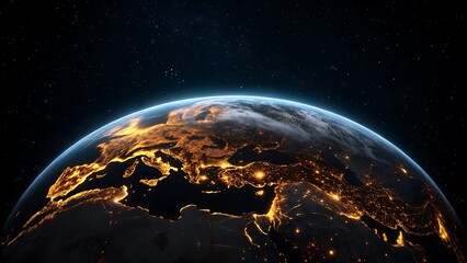 Illuminated earth from space showing continents lit up with city lights at night
