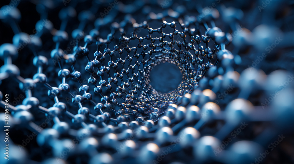Poster close up view of a dark blue molecular structure with interconnected spheres and rods in a tunnel sh