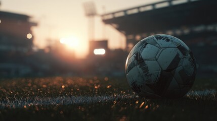A slightly deflated soccer ball rests on a grassy field at sunset, with a blurred stadium in the background, bathed in warm golden light