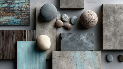 Abstract geometric shapes crafted from concrete and smooth slate textures offering industrial modern aesthetic with refined surfaces.