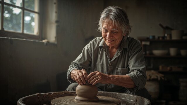 An elderly woman smiles as she shapes clay on a pottery wheel in a dimly lit workshop near a window