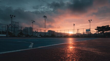 A basketball court at sunset, the vibrant orange and purple hues reflecting on the wet asphalt, silhouetted city buildings and tall light poles in the background
