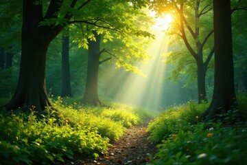 Obraz premium Sun-drenched green forest, vibrant summer foliage, daytime, summer, wild