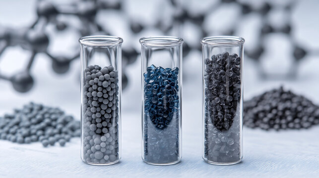 A close up of three test tubes filled with different types of plastic pellets on a light background