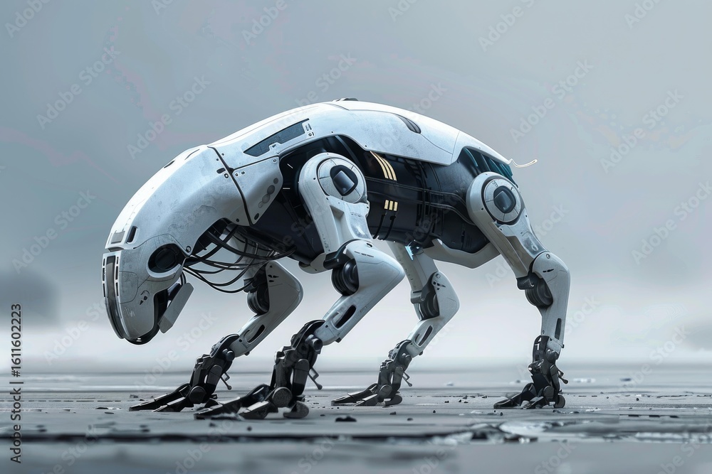 Poster futuristic robot dog standing on a concrete surface, showcasing advanced robotics and artificial int