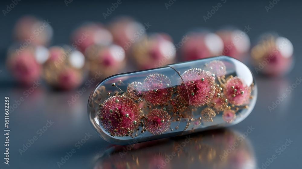 Poster a close up of a capsule filled with red and gold objects on a reflective surface with blurred pills
