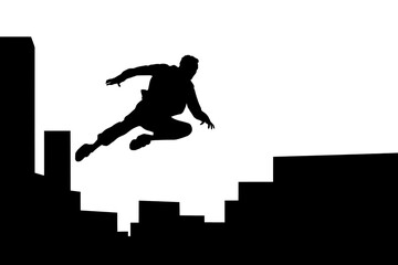 Dynamic parkour athlete leaping across urban rooftops
