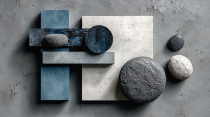 Abstract stone geometric shapes in cool tones of slategray,steel,blue,mutedwhite ideal for architectural material palette and minimalist design visuals.