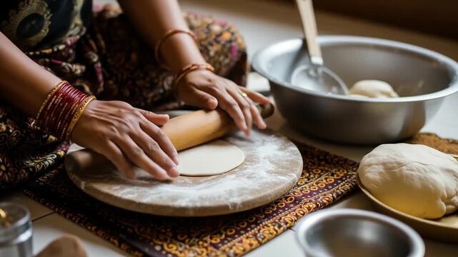 Puran poli woman preparing sweet chapati with rolling pin, perfect for Indian cooking blogs, recipe websites, and cultural publications.