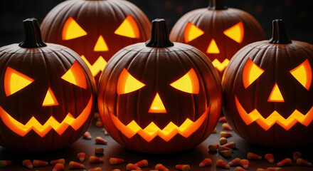 Fototapeta premium Menacing Halloween Jack-o'-Lanterns with Intense Glares and Candy Corn Scattered Around, a Dark and Ominous Still Life of Autumnal Horror on a Tabletop