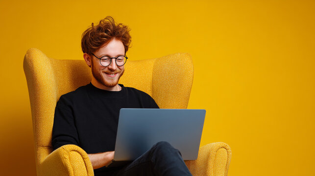Man with glasses smiling while using laptop in yellow armchair against yellow background indoors