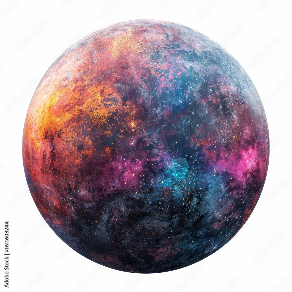 Poster colorful alien planet is showing its textured surface while rotating in the vast expanse of space