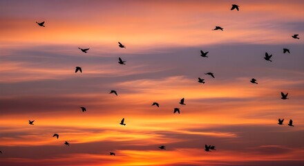 a picture of a sunset, beautiful sky and flying birds