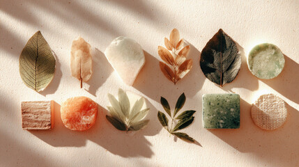 Artistic flat lay of leaves and natural materials styled for ecofriendly branding wellness visuals showcasing earthy texture and harmony.