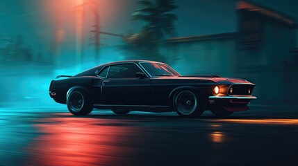 Obraz premium A classic black muscle car cruises a rain-slicked street at night, neon lights reflecting on the wet asphalt, creating a vibrant, atmospheric scene with motion blur suggesting speed