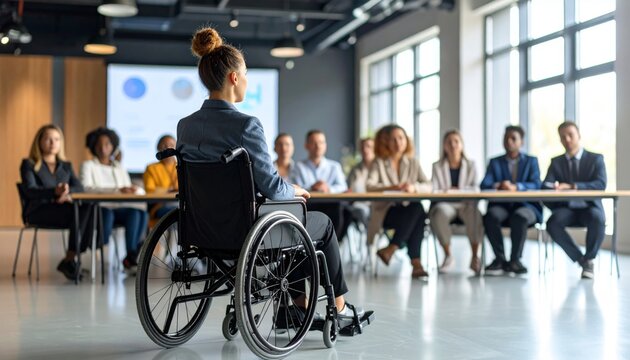 Inclusive Leadership: Woman in Wheelchair Commands Attention at a Corporate Meeting