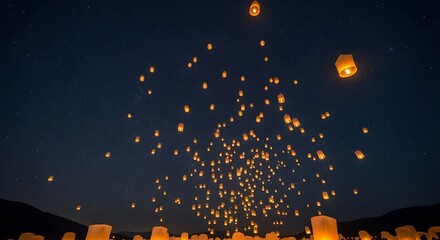 the beautiful night sky filled with lanterns