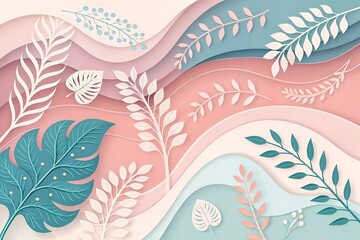 Eleganckie tło botaniczne w pastelowych kolorach. Nowoczesna kompozycja z liśćmi w stylu paper cut z efektem 3D, idealna na tapetę lub zaproszenie.