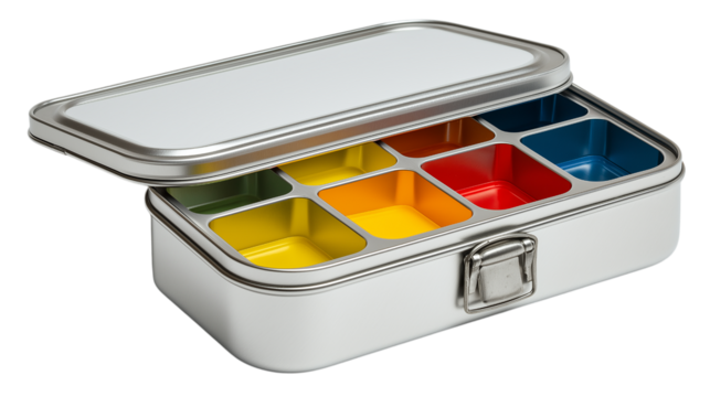Metal Lunch Box with Compartments Isolated on BG - Powered by Adobe