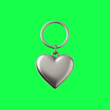 Metal heart keychain animation, transparent 4K video, green screen