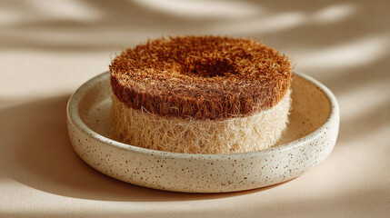 Natural coconut coir fiber dish scrubber highlighting ecofriendly sustainable cleaning tool and rustic kitchen accessory design.
