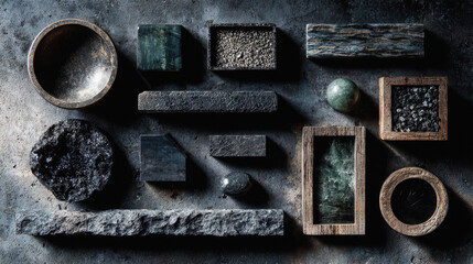 Moody flatlay of dark stones and minerals with dramatic textures ideal for luxury branding and wellness decoration.