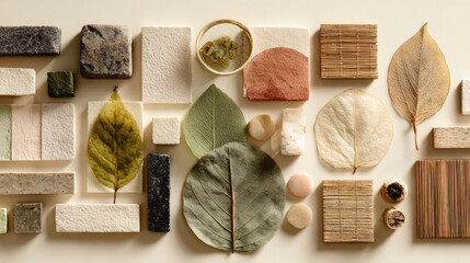 Earthy neutral color palette featuring textured materials dried leaves and natural elements arranged in harmonious flatlay decor visuals.