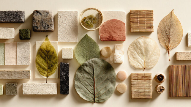 Earthy neutral color palette featuring textured materials dried leaves and natural elements arranged in harmonious flatlay decor visuals.