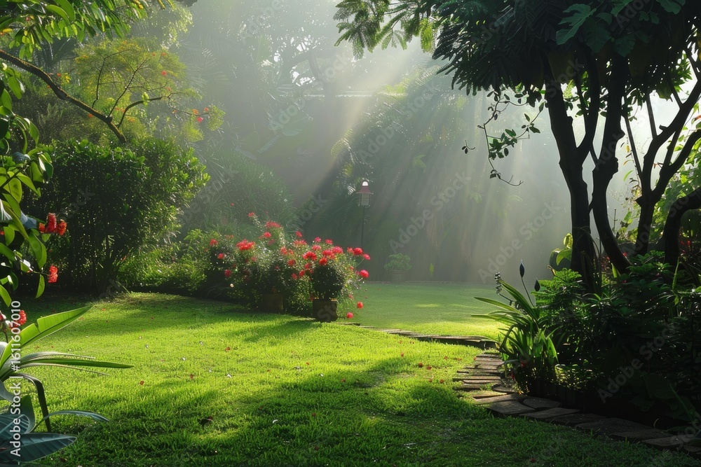 Poster sunbeams filtering through mist create a magical atmosphere in a vibrant green garden adorned with r