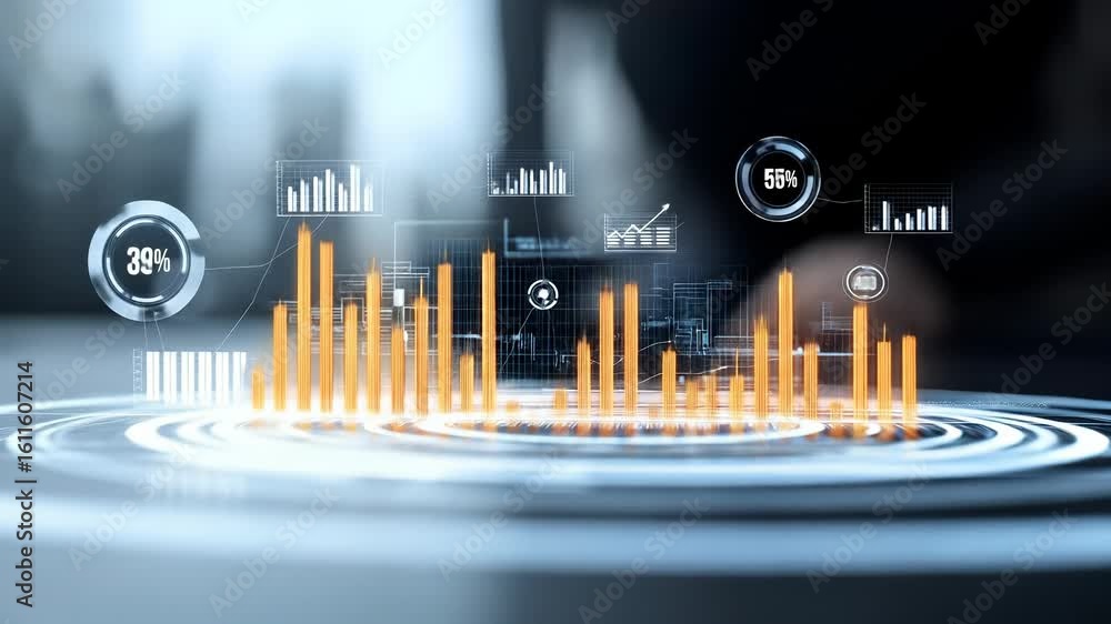 Poster futuristic data analytics dashboard with glowing orange bar chart, circular digital interface, busin