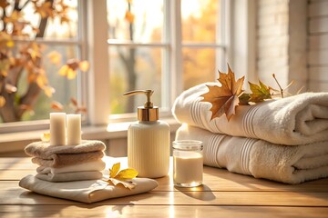 Towels, soap, and candles create a cozy autumn spa scene