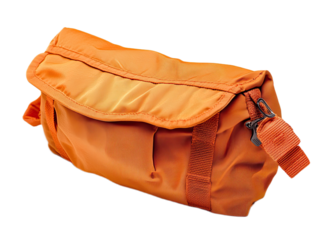 Orange toiletry bag with zipper and strap isolated on white background
