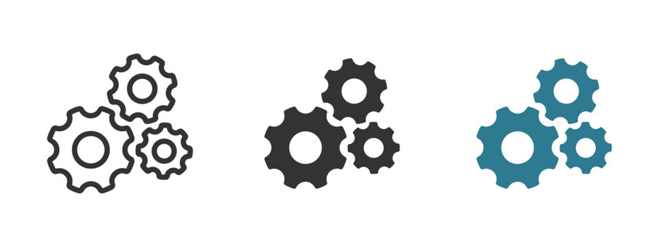 Gears mechanism icon. Three interlocking cogwheels system configuration and optimization vector illustration. Technology control and process management symbol. Interface and machinery sign.