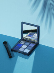 Eye shadow palette with makeup brushes on blue background with palm leaf shadow. Creative layout,...
