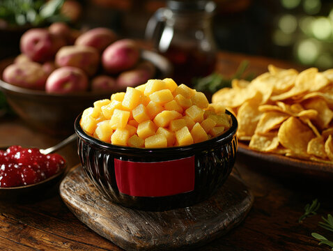 creatively arranged novelty snack pack labeled 100 air sits next bowl of real potato chips playful setup features rich colors and clean lines, ideal for light hearted display