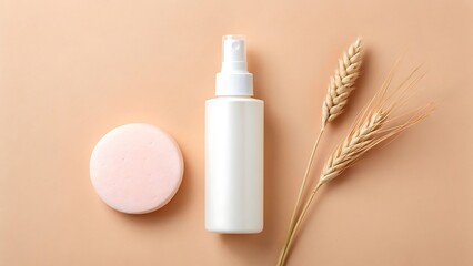 Natural beauty essentials a white spray bottle pink oval pad and wheat stalks on a beige background