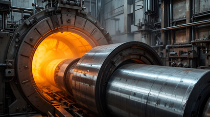 Bearing production plant. Metal  rolls annealing or harding in special furnace. Abstract industrial background. Kazakhstan.