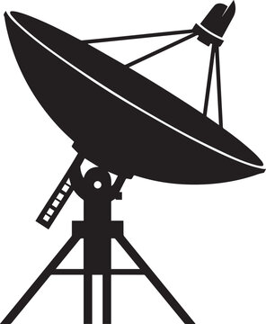 Black silhouette icon of a large parabolic satellite dish antenna on a tripod mount.