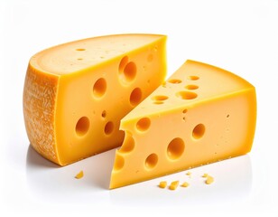 Fresh Swiss cheese with large holes and smooth texture on white background with a wedge cut showcasing its creamy interior and natural appearance