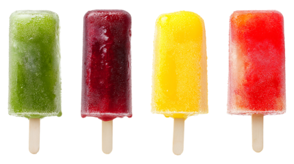 Collection of various 4 pieces of ice cream on a stick of different colors isolated on transparent background
