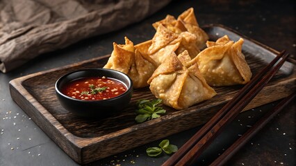 Delicious crab rangoons with dipping sauce on a wooden tray with chopsticks for a tasty appetizer