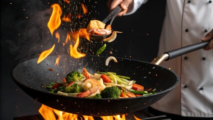Chef cooking stir fry in a wok with flames and vegetables in the air on a dark background scene view