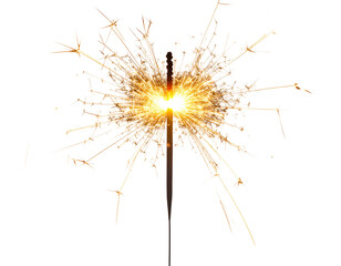  Single Sparkler Burning with Bright Sparks and Glow, Straight Vertical Position, Isolated PNG