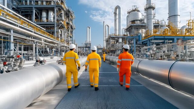 Industrial worker refinery safety teamwork engineering oil gas energy uniform helmet walk through modern refinery plant showcasing teamwork safety advanced engineering energy sector inspection
