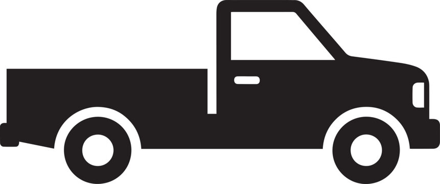 Simple black graphic icon of a single cab pickup truck in side profile view.