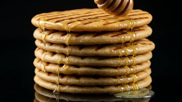Puran poli pancakes with honey on black, Indian dessert concept. Suitable for food blogs, recipe websites, and cultural publications.