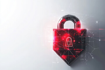 Digital padlock shield design with geometric elements, warning icons, and security features on a white background. Concept of cybersecurity