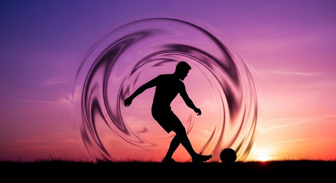 Silhouette of a soccer player kicking a ball at sunset - Powered by Adobe